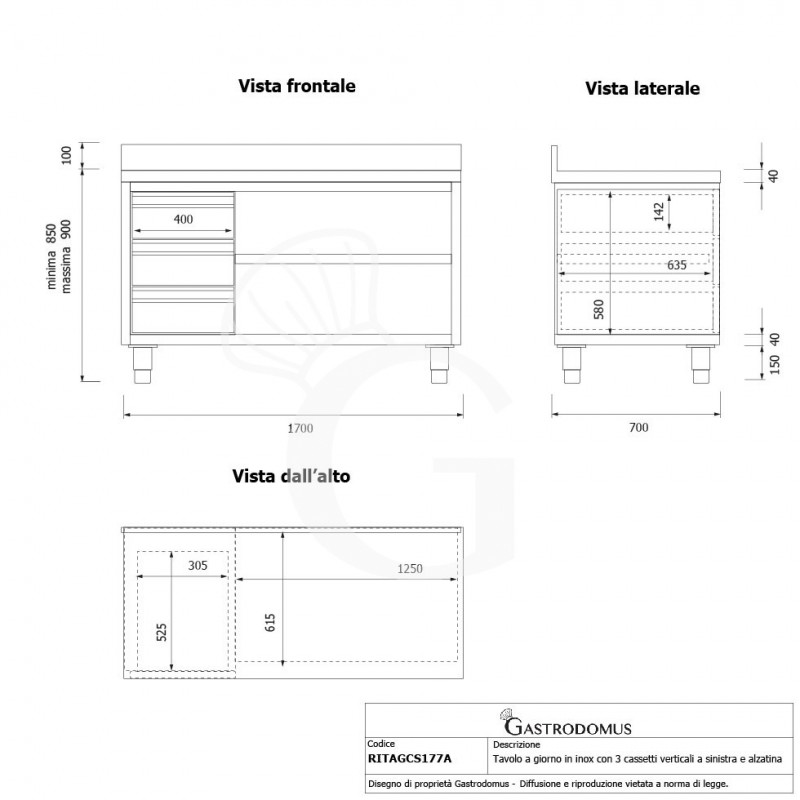 Mesa contrabarra de acero inoxidable 3 cajones a la izquierda y peto L 1700 mm x P 700 mm x A 950 mm