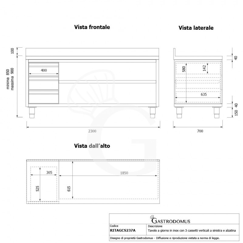 Tavolo a giorno in acciaio inox,3 cassetti a sinistra, alzatina, L 2300 mm x P 700 mm x H 950 mm
