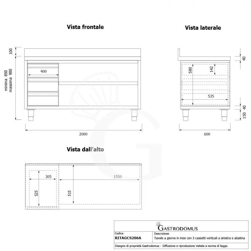 Mesa contrabarra de acero inoxidable 3 cajones a la izquierda y peto L 2000 mm x P 600 mm x A 950 mm