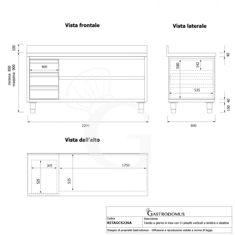 Mesa contrabarra de acero inoxidable 3 cajones a la izquierda y peto L 2200 mm x P 600 mm x A 950 mm