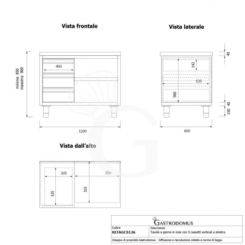 Mesa contrabarra de acero inoxidable 3 cajones en el lado izquierdo L 1200 mm x P 600 mm x A 850 mm