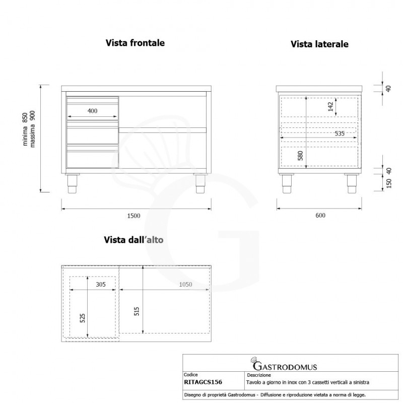 Mesa contrabarra de acero inoxidable 3 cajones en el lado izquierdo L 1500 mm x P 600 mm x A 850 mm