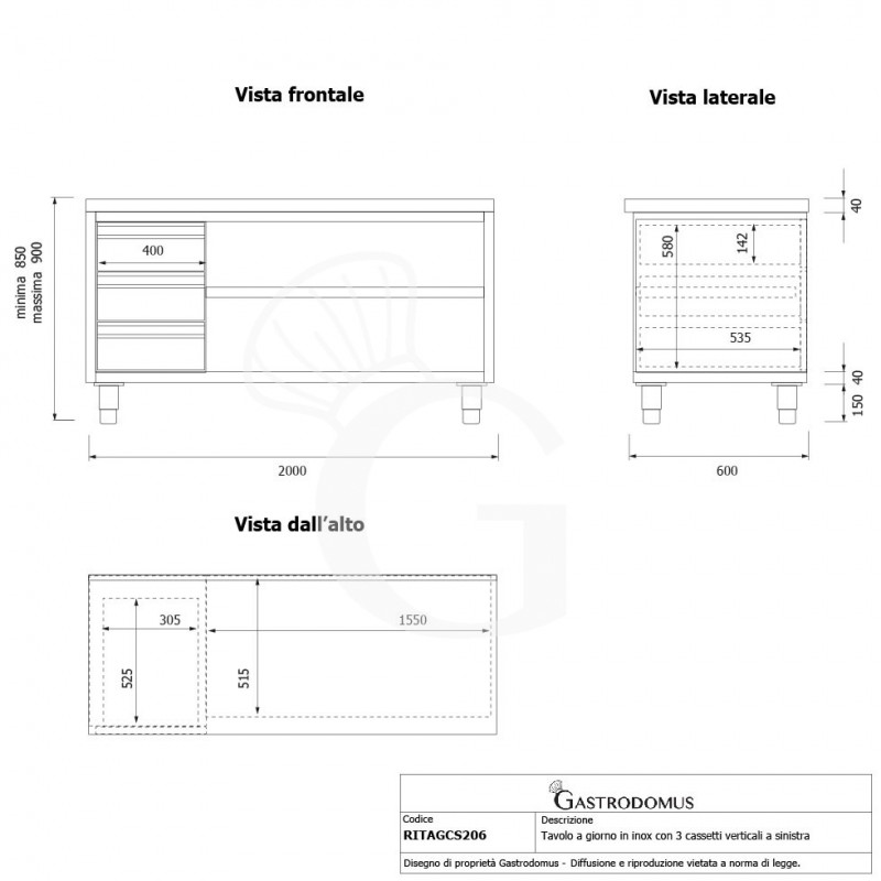 Mesa contrabarra de acero inoxidable 3 cajones en el lado izquierdo L 2000 mm x P 600 mm x A 850 mm