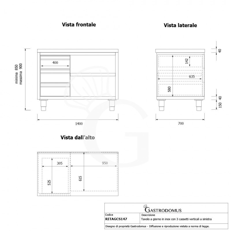 Mesa contrabarra de acero inoxidable 3 cajones en el lado izquierdo L 1400 mm x P 700 mm x A 850 mm