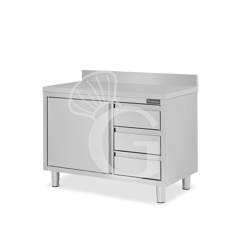 Mesa mural de acero inoxidable 1 puerta batiente, 3 cajones a la derecha y peto L 1000 mm x P 700 mm x A 950 mm