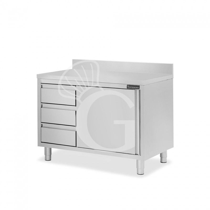 Mesa mural de acero inoxidable 1 puerta batiente, 3 cajones a la izquierda y peto L 1000 mm x P 700 mm x A 950 mm