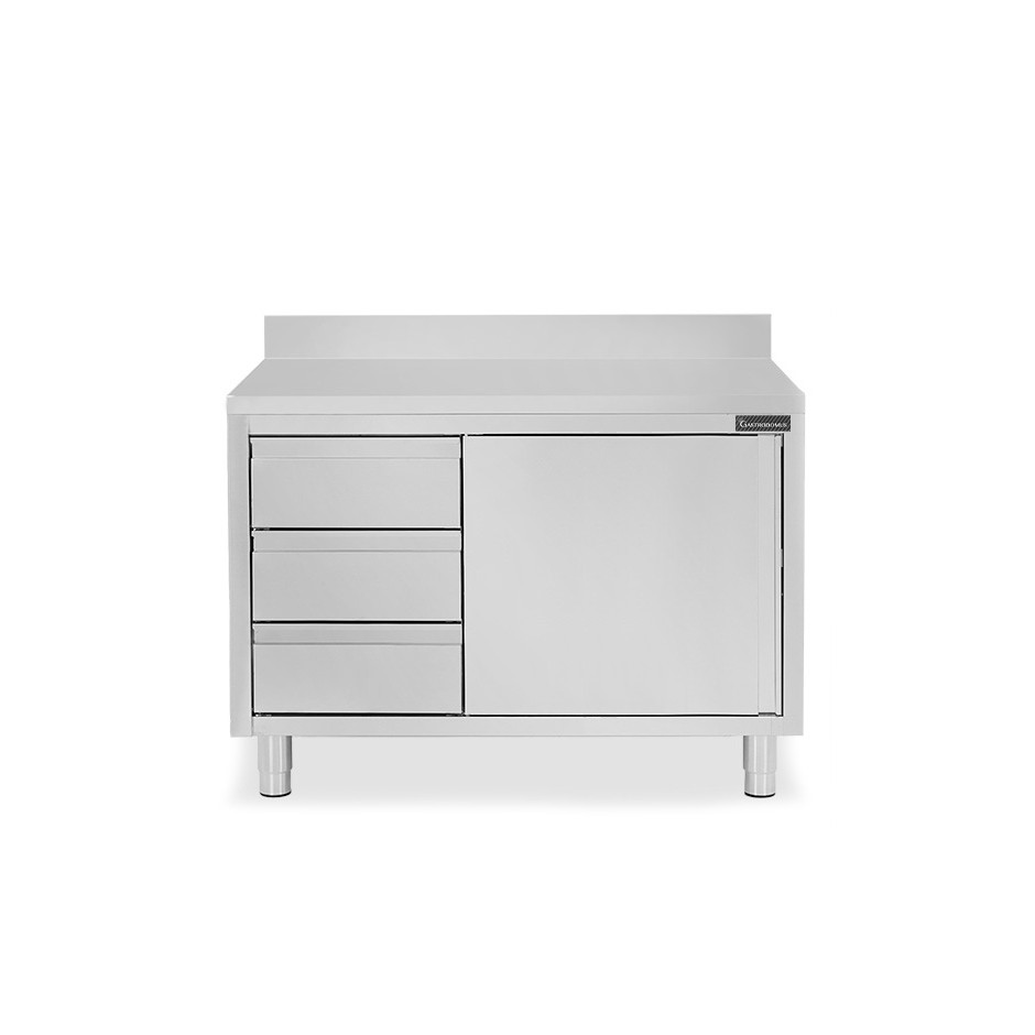 Mesa mural de acero inoxidable 1 puerta batiente, 3 cajones a la izquierda y peto L 1000 mm x P 600 mm x A 950 mm