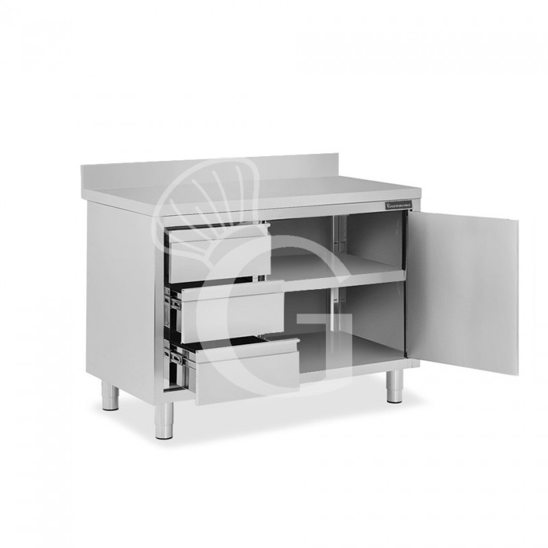 Mesa mural de acero inoxidable 1 puerta batiente, 3 cajones a la izquierda y peto L 1000 mm x P 600 mm x A 950 mm