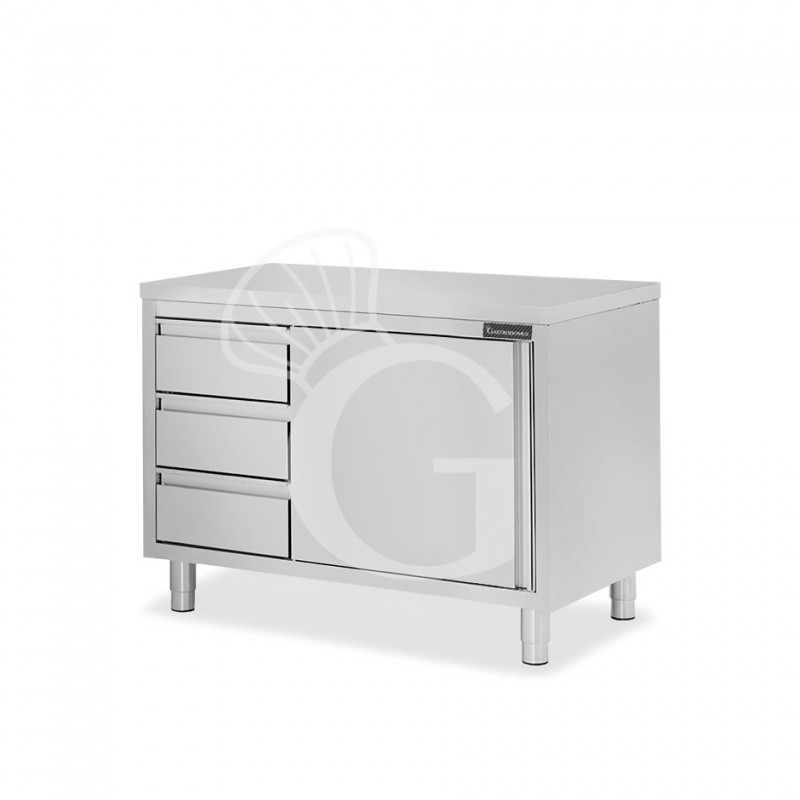 Mesa mural de acero inoxidable 1 puerta batiente, 3 cajones a la izquierda L 1000 mm x P 600 mm x A 850 mm
