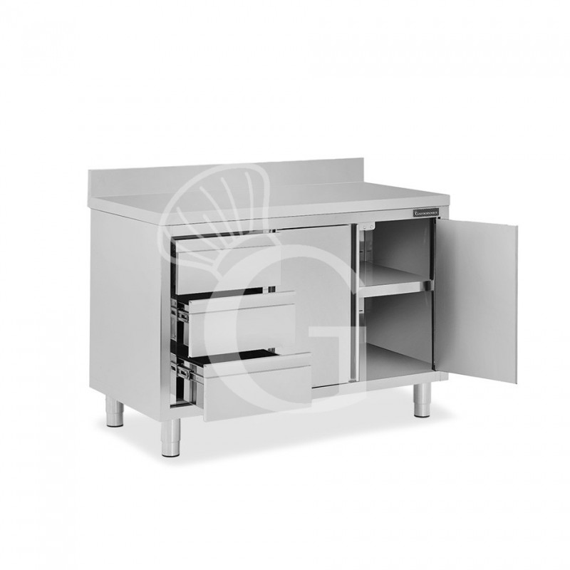Mesa mural de acero inoxidable 2 puertas batientes, 3 cajones a la izquierda y peto L 1200 mm x P 700 mm x A 950 mm