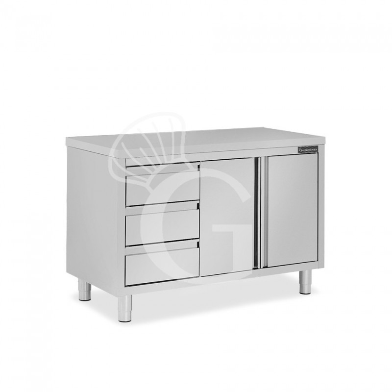 Mesa mural de acero inoxidable 2 puertas batientes, 3 cajones a la izquierda L 1200 mm x P 700 mm x A 850 mm