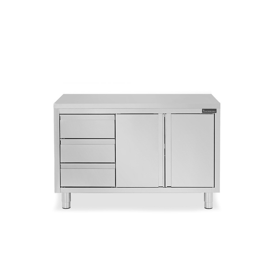 Mesa mural de acero inoxidable 2 puertas batientes, 3 cajones a la izquierda L 1200 mm x P 700 mm x A 850 mm