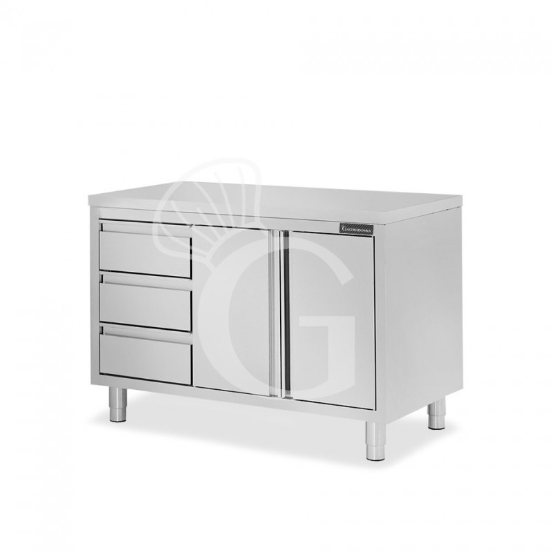Mesa mural de acero inoxidable 2 puertas batientes, 3 cajones a la izquierda L 1200 mm x P 600 mm x A 850 mm