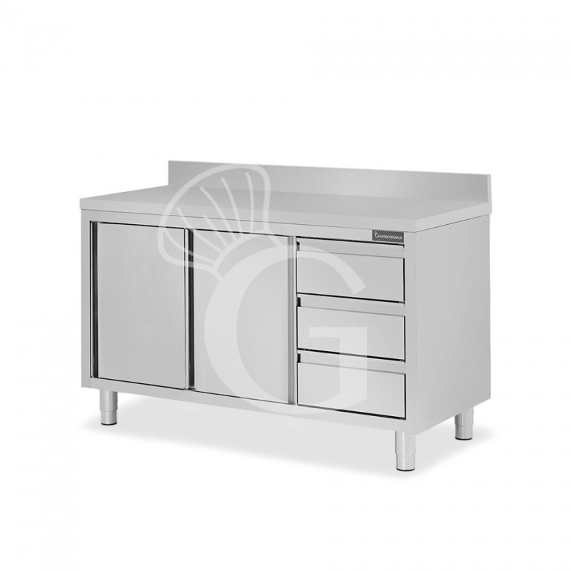 Mesa mural de acero inoxidable 2 puertas correderas, 3 cajones a la derecha y peto L 1400 mm x P 600 mm x A 950 mm