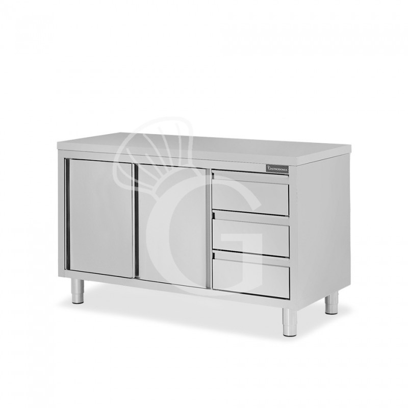 Mesa mural de acero inoxidable 2 puertas correderas, 3 cajones a la derecha L 1400 mm x P 700 mm x A 850 mm