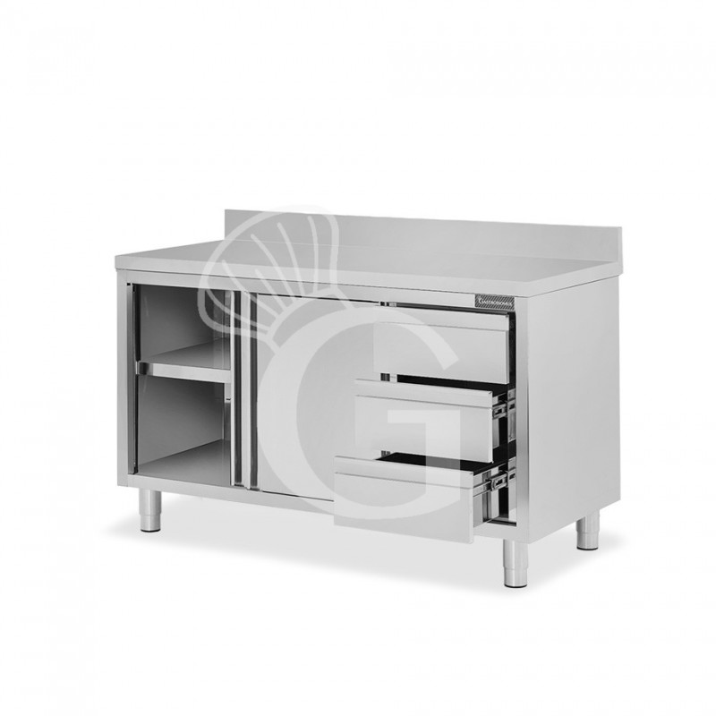 Mesa mural de acero inoxidable 2 puertas correderas, 3 cajones a la derecha y peto L 1500 mm x P 700 mm x A 950 mm