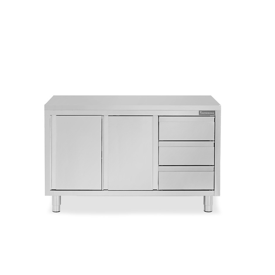 Mesa mural de acero inoxidable 2 puertas correderas, 3 cajones a la derecha L 1500 mm x P 600 mm x A 850 mm