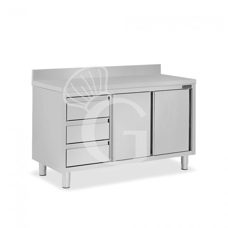 Mesa mural de acero inoxidable 2 puertas correderas, 3 cajones a la izquierda y peto L 1400 mm x P 700 mm x A 950 mm