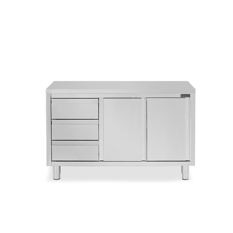 Mesa mural de acero inoxidable 2 puertas correderas, 3 cajones a la izquierda L 1400 mm x P 600 mm x A 850 mm