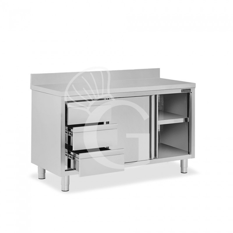 Mesa mural de acero inoxidable 2 puertas correderas, 3 cajones a la izquierda y peto L 1500 mm x P 700 mm x A 950 mm