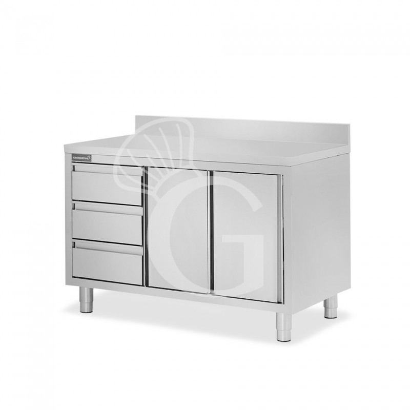 Mesa mural de acero inoxidable 2 puertas correderas, 3 cajones a la izquierda y peto L 1500 mm x P 600 mm x A 950 mm