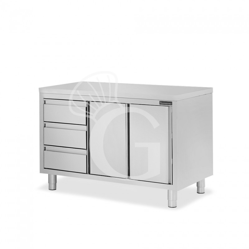 Mesa mural de acero inoxidable 2 puertas correderas, 3 cajones a la izquierda L 1500 mm x P 700 mm x A 850 mm