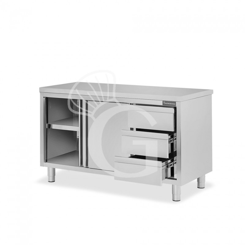 Mesa mural de acero inoxidable 2 puertas correderas, 3 cajones a la derecha L 1600 mm x P 700 mm x A 850 mm