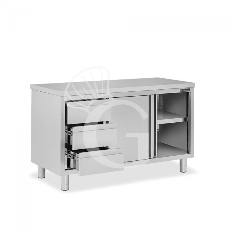 Mesa mural de acero inoxidable 2 puertas correderas, 3 cajones a la izquierda L 1600 mm x P 700 mm x A 850 mm