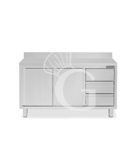 Mesa mural de acero inoxidable 2 puertas correderas, 3 cajones a la derecha y peto L 1700 mm x P 700 mm x A 950 mm