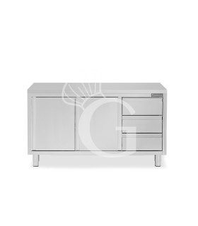 Mesa mural de acero inoxidable 2 puertas correderas, 3 cajones a la derecha L 1700 mm x P 700 mm x A 850 mm