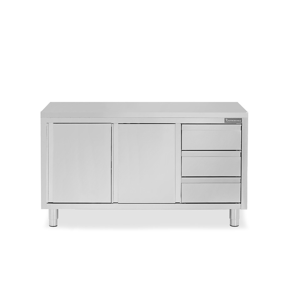 Mesa mural de acero inoxidable 2 puertas correderas, 3 cajones a la derecha L 1700 mm x P 600 mm x A 850 mm