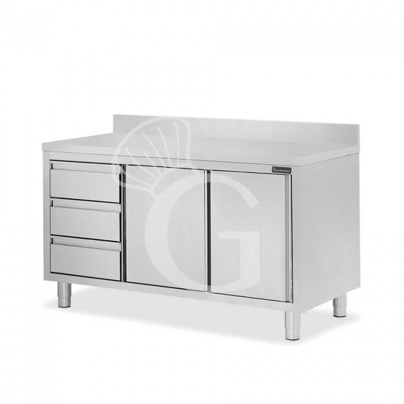 Mesa mural de acero inoxidable 2 puertas correderas, 3 cajones a la izquierda y peto L 1700 mm x P 700 mm x A 950 mm
