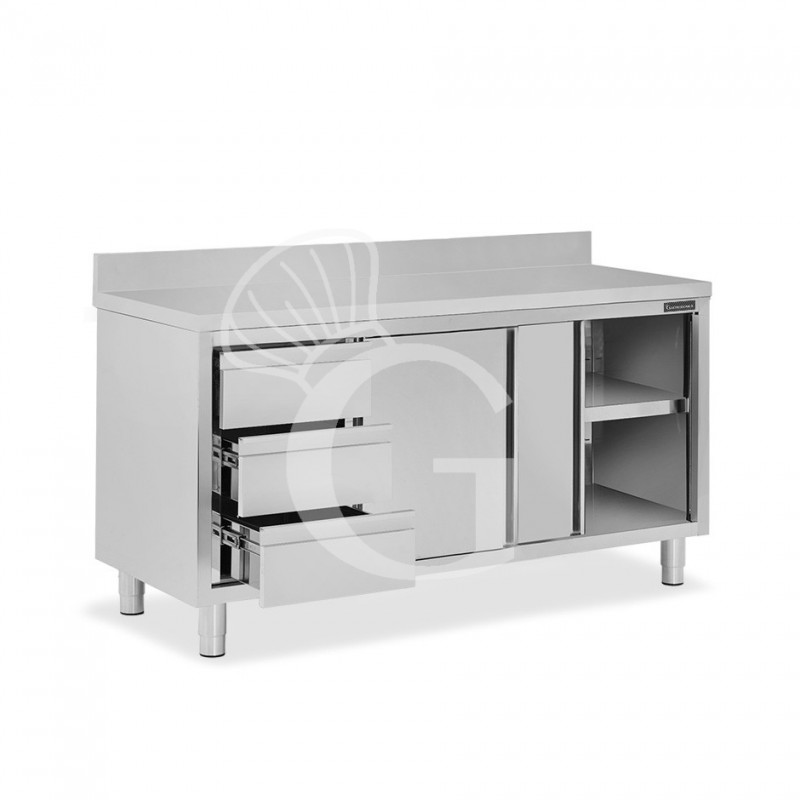 Mesa mural de acero inoxidable 2 puertas correderas, 3 cajones a la izquierda y peto L 1700 mm x P 700 mm x A 950 mm