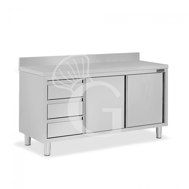 Mesa mural de acero inoxidable 2 puertas correderas, 3 cajones a la izquierda y peto L 1700 mm x P 700 mm x A 950 mm
