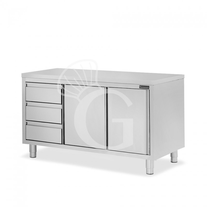 Mesa mural de acero inoxidable 2 puertas correderas, 3 cajones a la izquierda L 1700 mm x P 700 mm x A 850 mm