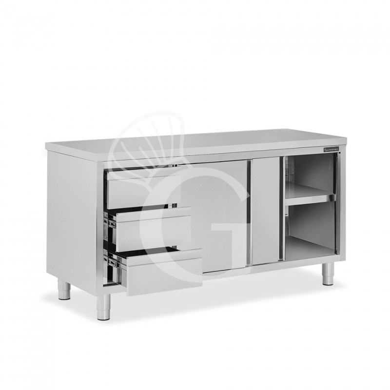 Mesa mural de acero inoxidable 2 puertas correderas, 3 cajones a la izquierda L 1700 mm x P 700 mm x A 850 mm