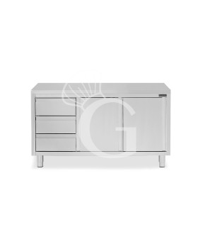 Mesa mural de acero inoxidable 2 puertas correderas, 3 cajones a la izquierda L 1700 mm x P 700 mm x A 850 mm