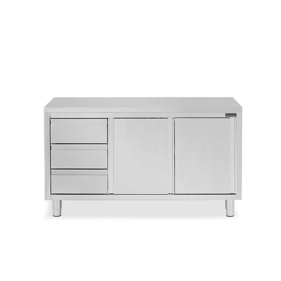 Mesa mural de acero inoxidable 2 puertas correderas, 3 cajones a la izquierda L 1700 mm x P 700 mm x A 850 mm