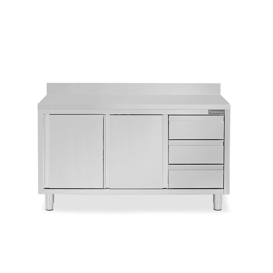 Mesa mural de acero inoxidable 2 puertas correderas, 3 cajones a la derecha y peto L 1800 mm x P 600 mm x A 950 mm