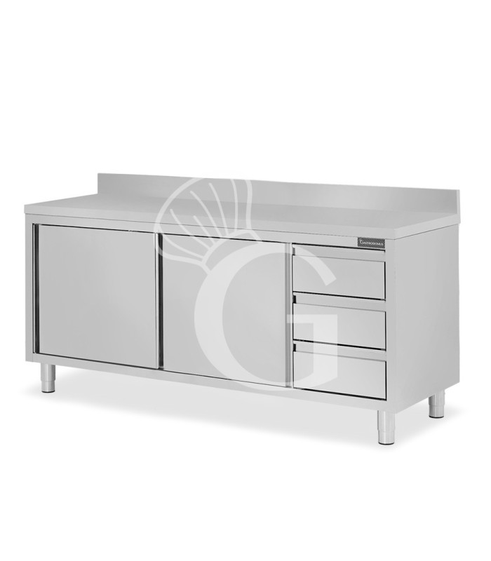Mesa mural de acero inoxidable 2 puertas correderas, 3 cajones a la derecha y peto L 1900 mm x P 600 mm x A 950 mm