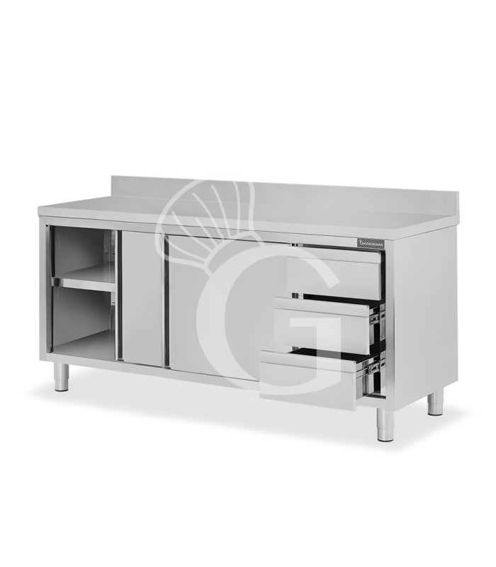 Mesa mural de acero inoxidable 2 puertas correderas, 3 cajones a la derecha y peto L 1900 mm x P 600 mm x A 950 mm