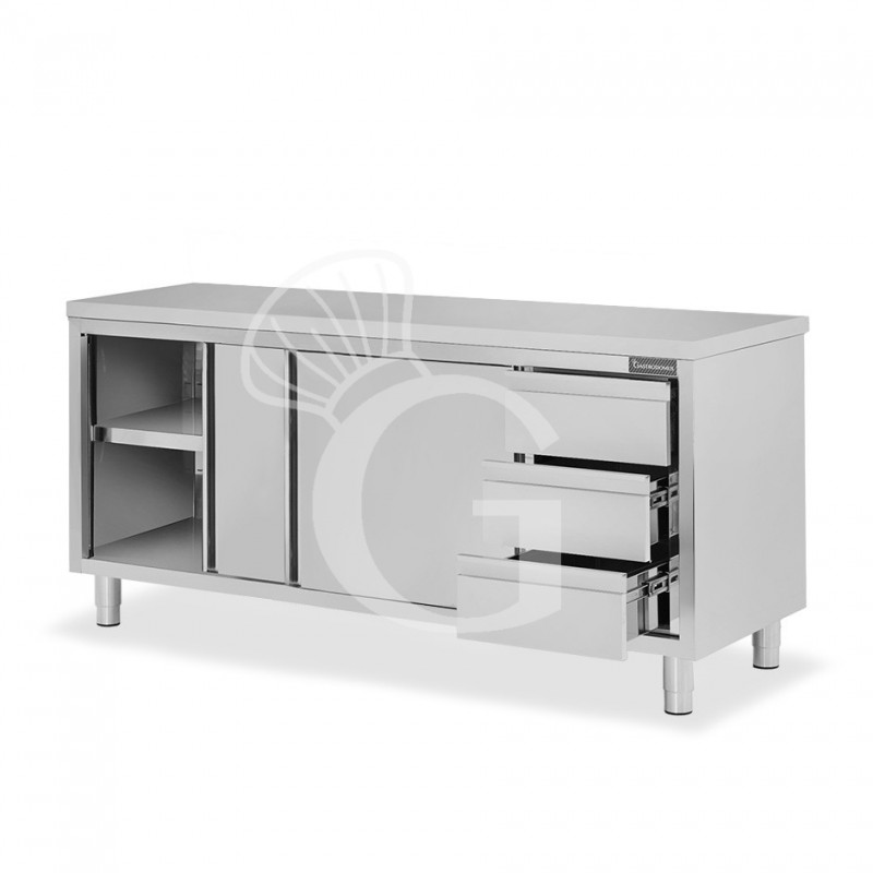 Mesa mural de acero inoxidable 2 puertas correderas, 3 cajones a la derecha L 1900 mm x P 600 mm x A 850 mm