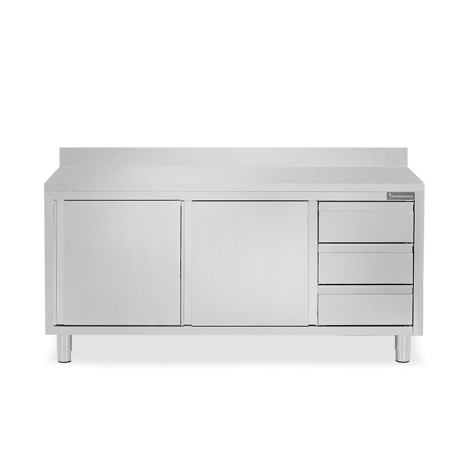 Mesa mural de acero inoxidable 2 puertas correderas, 3 cajones a la derecha y peto L 2100 mm x P 600 mm x A 950 mm