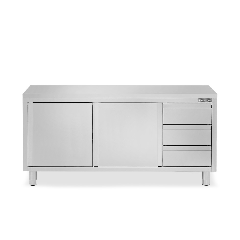 Mesa mural de acero inoxidable 2 puertas correderas, 3 cajones a la derecha L 2100 mm x P 700 mm x A 850 mm