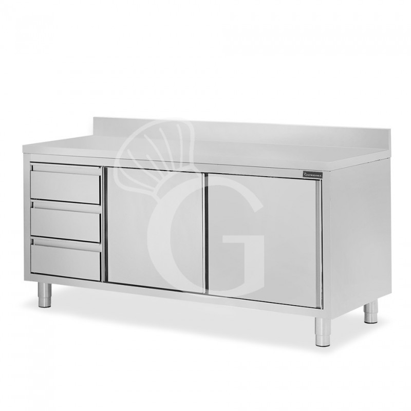 Mesa mural de acero inoxidable 2 puertas correderas, 3 cajones a la izquierda y peto L 2100 mm x P 700 mm x A 950 mm