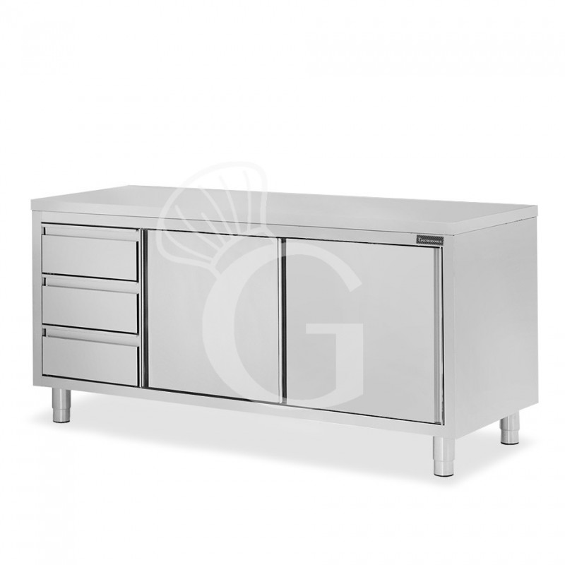 Mesa mural de acero inoxidable 2 puertas correderas, 3 cajones a la izquierda L 2100 mm x P 700 mm x A 850 mm