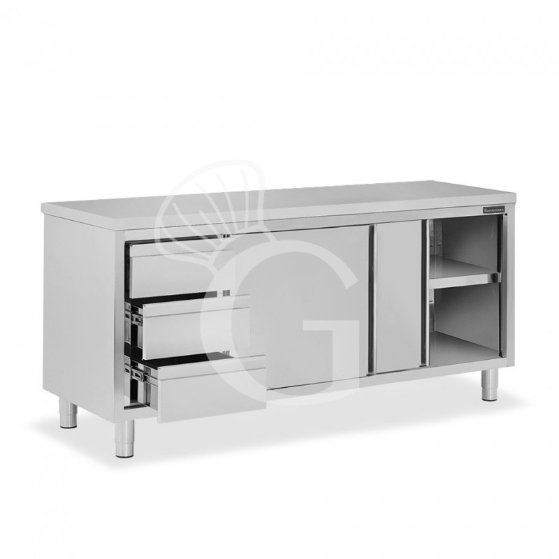 Mesa mural de acero inoxidable 2 puertas correderas, 3 cajones a la izquierda L 2100 mm x P 600 mm x A 850 mm