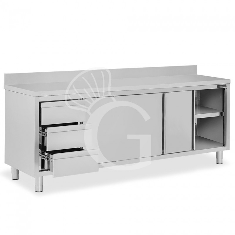 Mesa mural de acero inoxidable 2 puertas correderas, 3 cajones a la izquierda y peto L 2200 mm x P 700 mm x A 950 mm