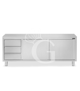 Mesa mural de acero inoxidable 2 puertas correderas, 3 cajones a la izquierda L 2200 mm x P 600 mm x A 850 mm