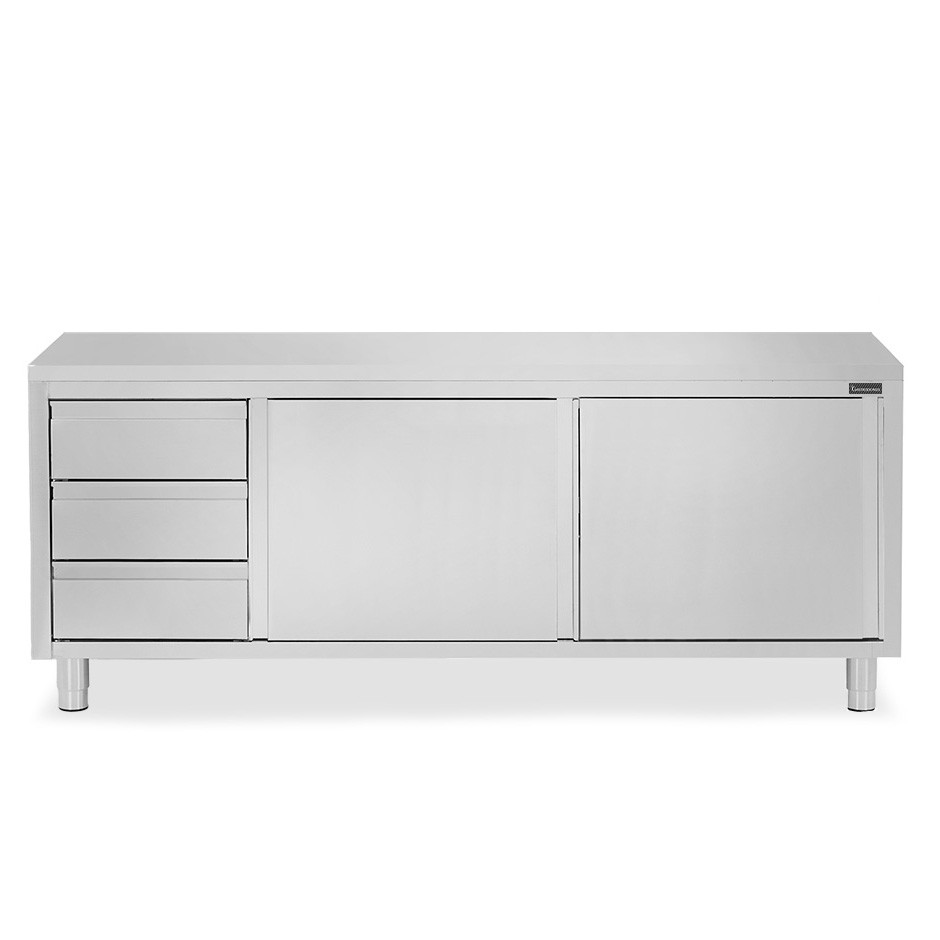 Mesa mural de acero inoxidable 2 puertas correderas, 3 cajones a la izquierda L 2200 mm x P 600 mm x A 850 mm
